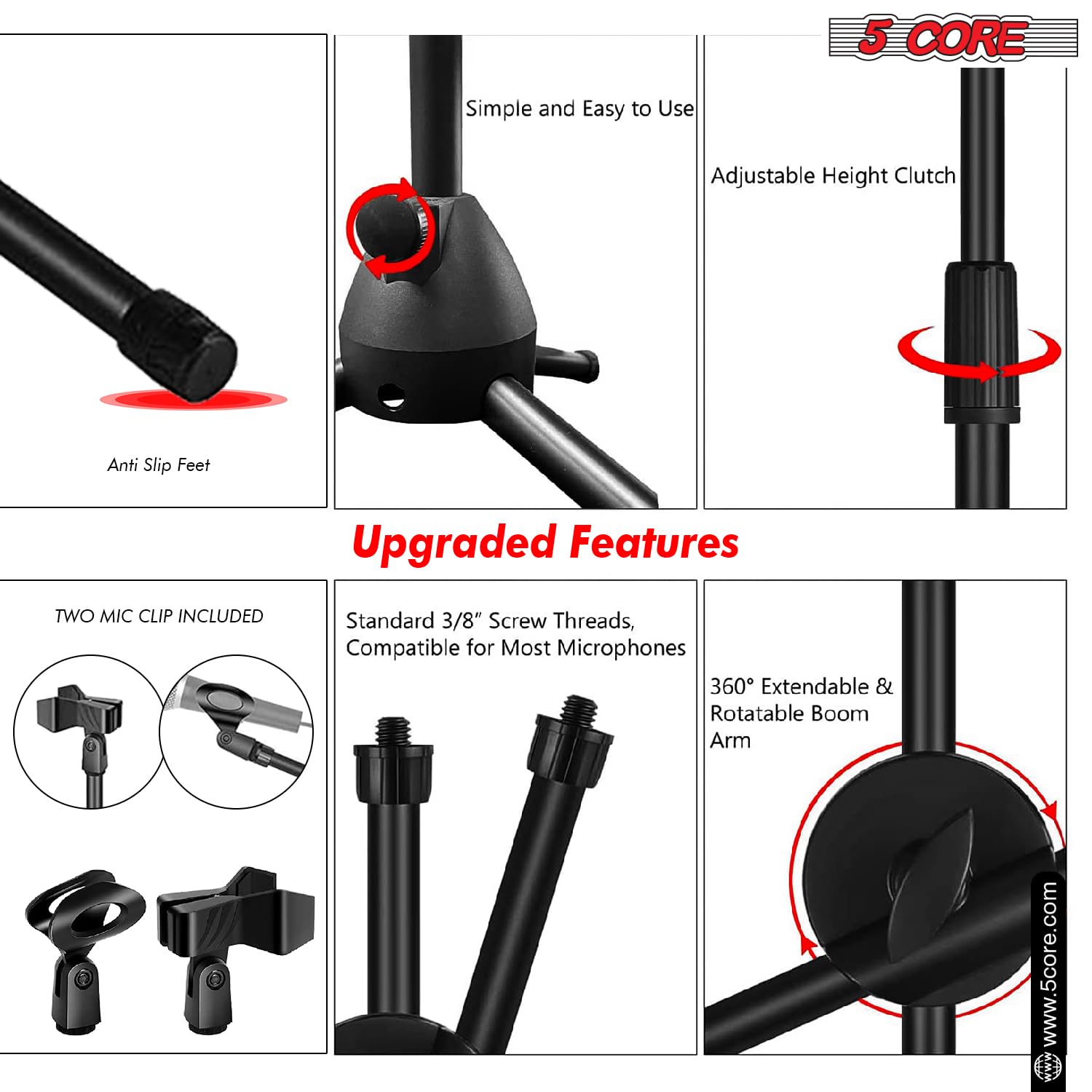 5 Core Tripod Mic Stand Floor 4Pcs Adjustable 31 to 76 Inches Boom Arm Holder Microphone Stands 360 Degree Rotating + Dual Mic M